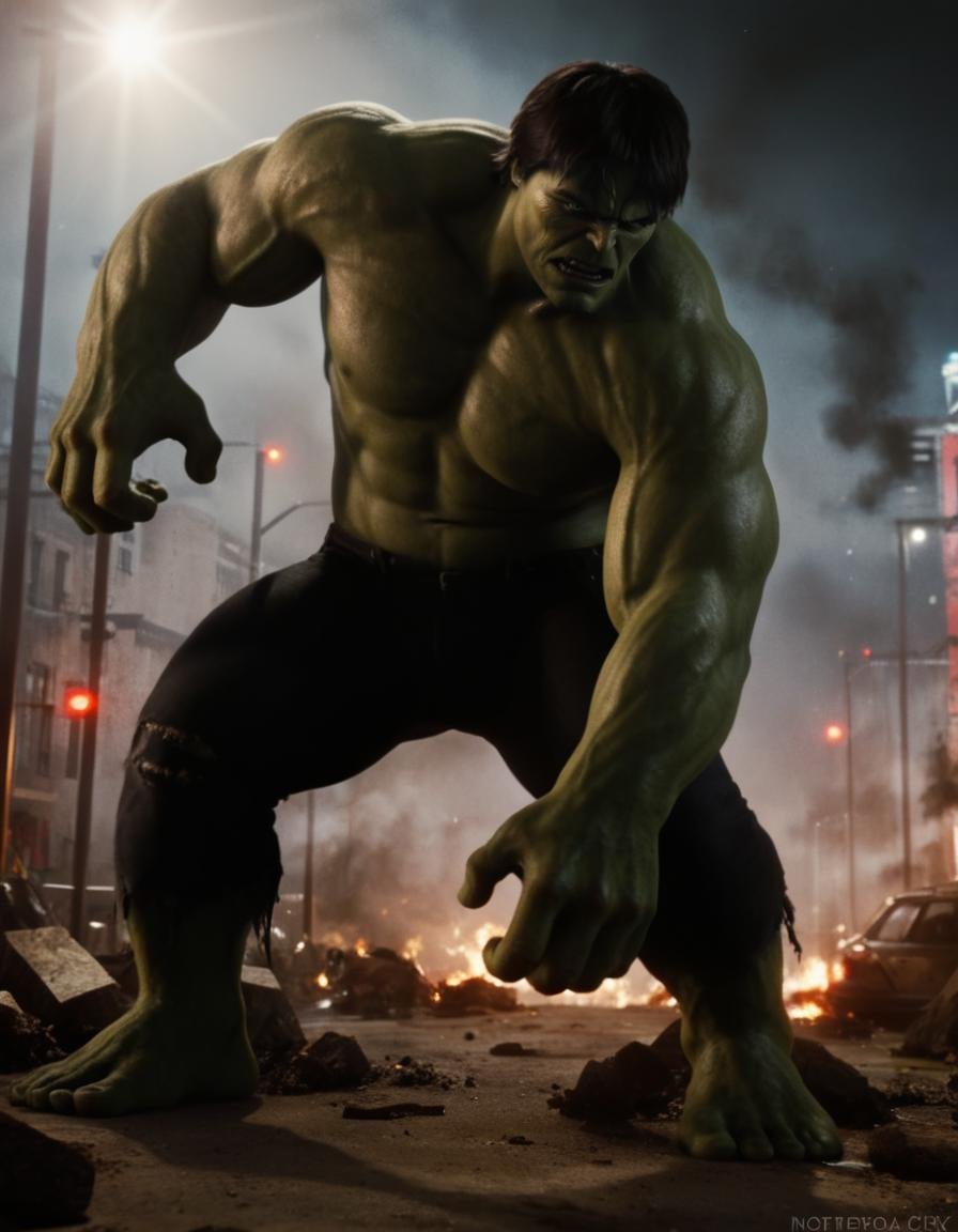 hulk,  a man fighting in a destroyed city,  extremely detailed by BigHeadTF on Tensor.Art