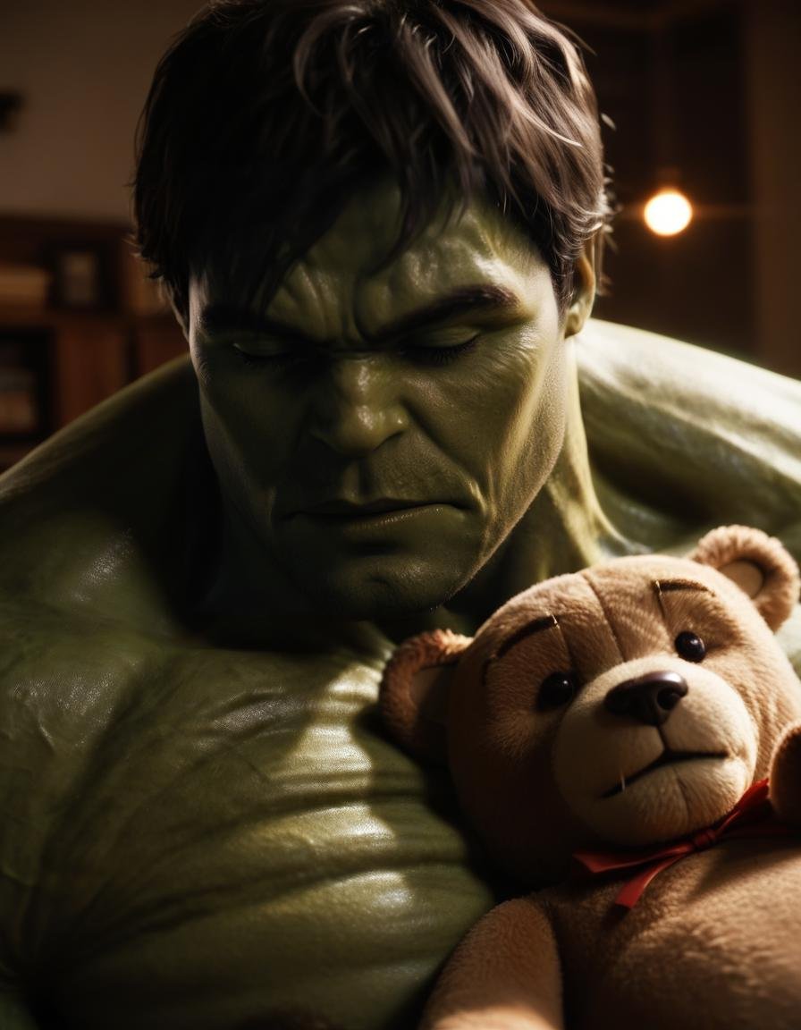 hulk,  man sleeping with teddy bear,  extremely detailed by BigHeadTF on Tensor.Art