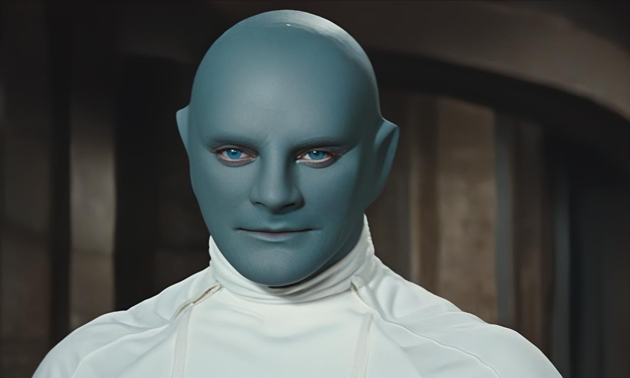 fantomas,  a bald hairless beardless cool manly muscular lean attractive handsome man with blue eyes,  strong jawline by B...
