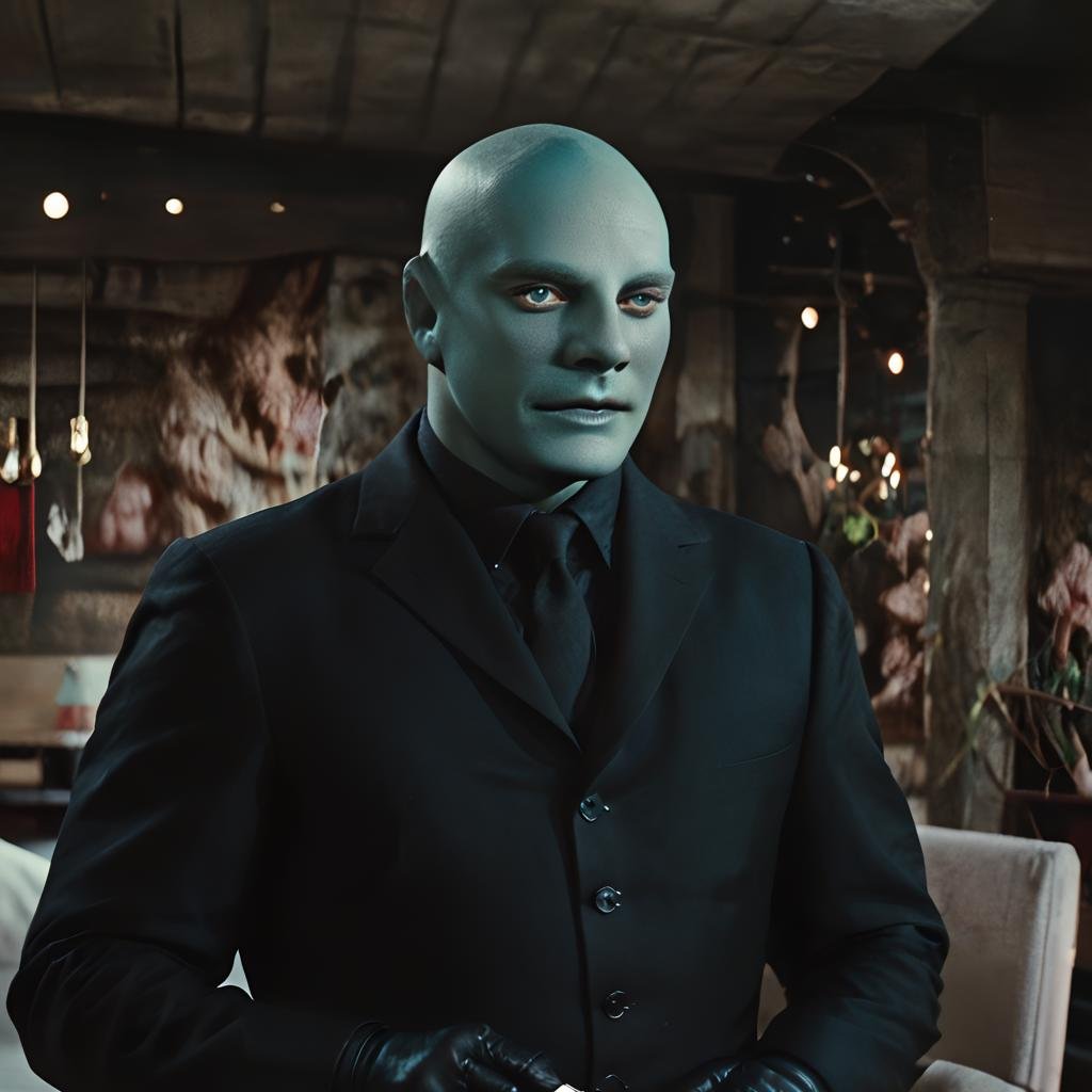 fantomas,  a bald hairless beardless cool manly muscular lean attractive handsome man with blue eyes,  strong jawline by B...