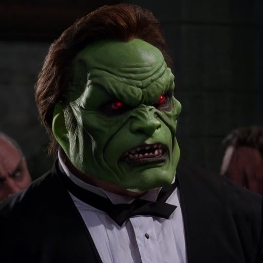 detailed high quality photo of an evil angry man with a (((green head))) and brown hair,  the_mask by BigHeadTF on Tensor.Art