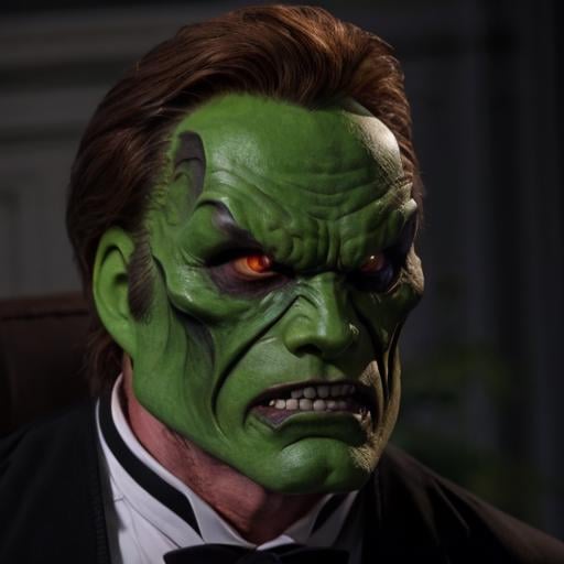 detailed high quality photo of an evil angry man with a (((green head))) and brown hair,  the_mask by BigHeadTF on Tensor.Art