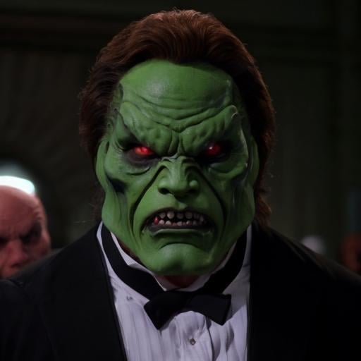 detailed high quality photo of an evil angry man with a (((green head))) and brown hair,  the_mask by BigHeadTF on Tensor.Art