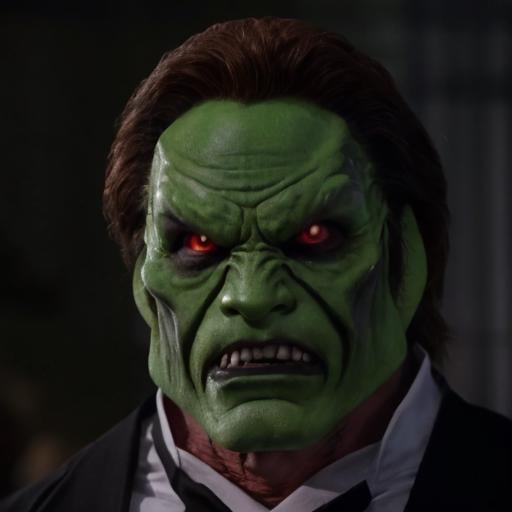 detailed high quality photo of an evil angry man with a (((green head))) and brown hair,  the_mask by BigHeadTF on Tensor.Art