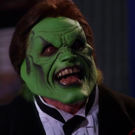 detailed high quality photo of an evil laughing man with a (((green head))) and brown hair,  the_mask by BigHeadTF on Tens...