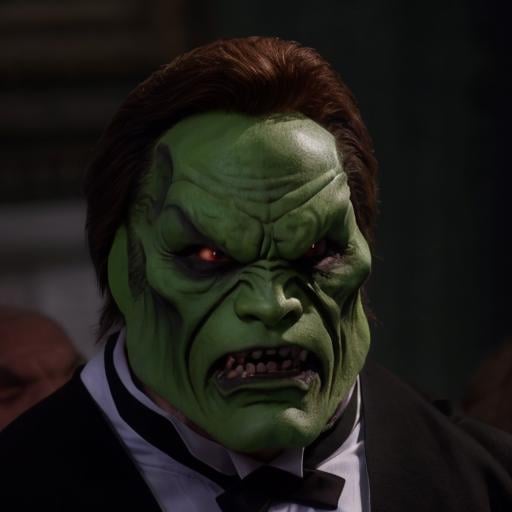 detailed high quality photo of an evil angry man with a (((green head))) and brown hair,  the_mask by BigHeadTF on Tensor.Art