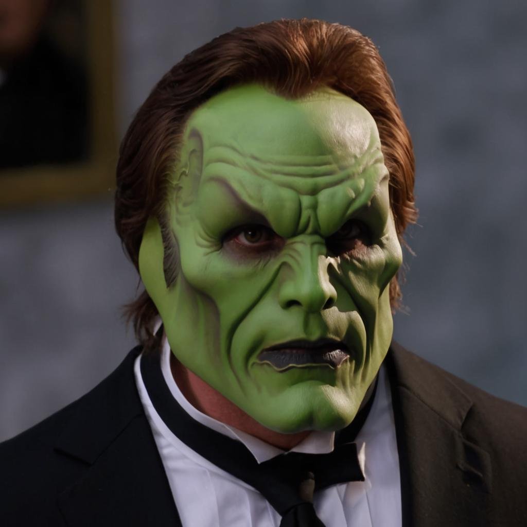 detailed high quality photo of a man with a (((green head))) and brown hair,  the_mask by BigHeadTF on Tensor.Art