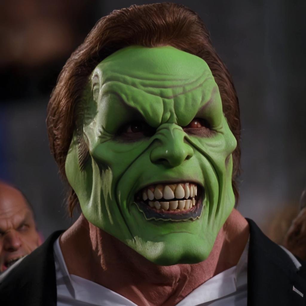 detailed high quality photo of a laughing man with a (((green head))),  ugly teeth and brown hair,  the_mask by BigHeadTF...