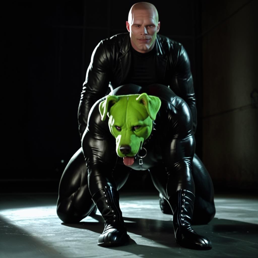 detailed high quality nsfw erotic photo of a huge strong massive extremely muscular sexy man with a (((green dog head))) o...