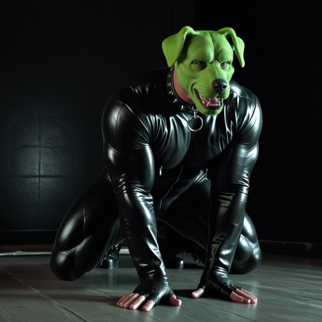 detailed high quality nsfw erotic photo of a huge strong massive extremely muscular sexy man with a (((green dog head))) o...