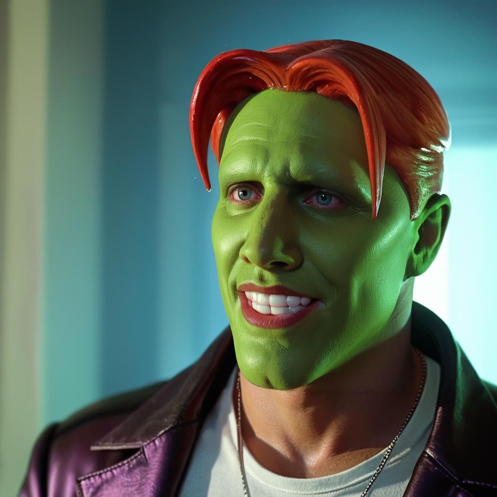 a funny happy amazed enthusiastic excited humourous bald man with a (((green head))) with red hair,  grimace,  the_mask by...