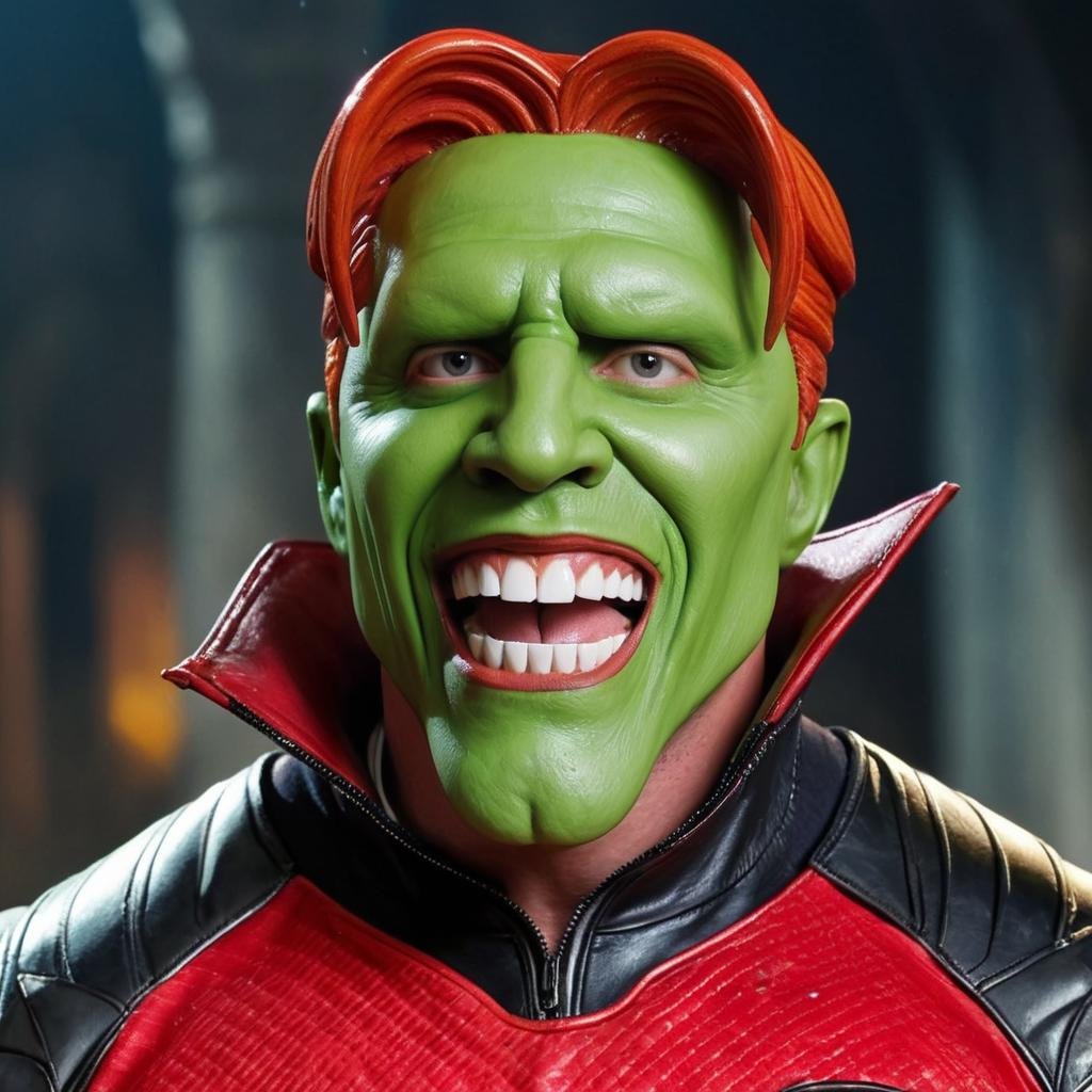 detailed high quality photo of a man with a (((green head))),  big teeth,  a large chin and red hair by BigHeadTF on Tenso...