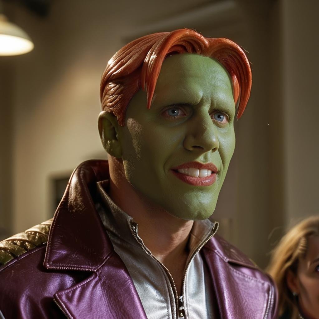 a funny happy amazed enthusiastic excited humourous bald man with a (((green head))) with red hair,  grimace,  the_mask by...