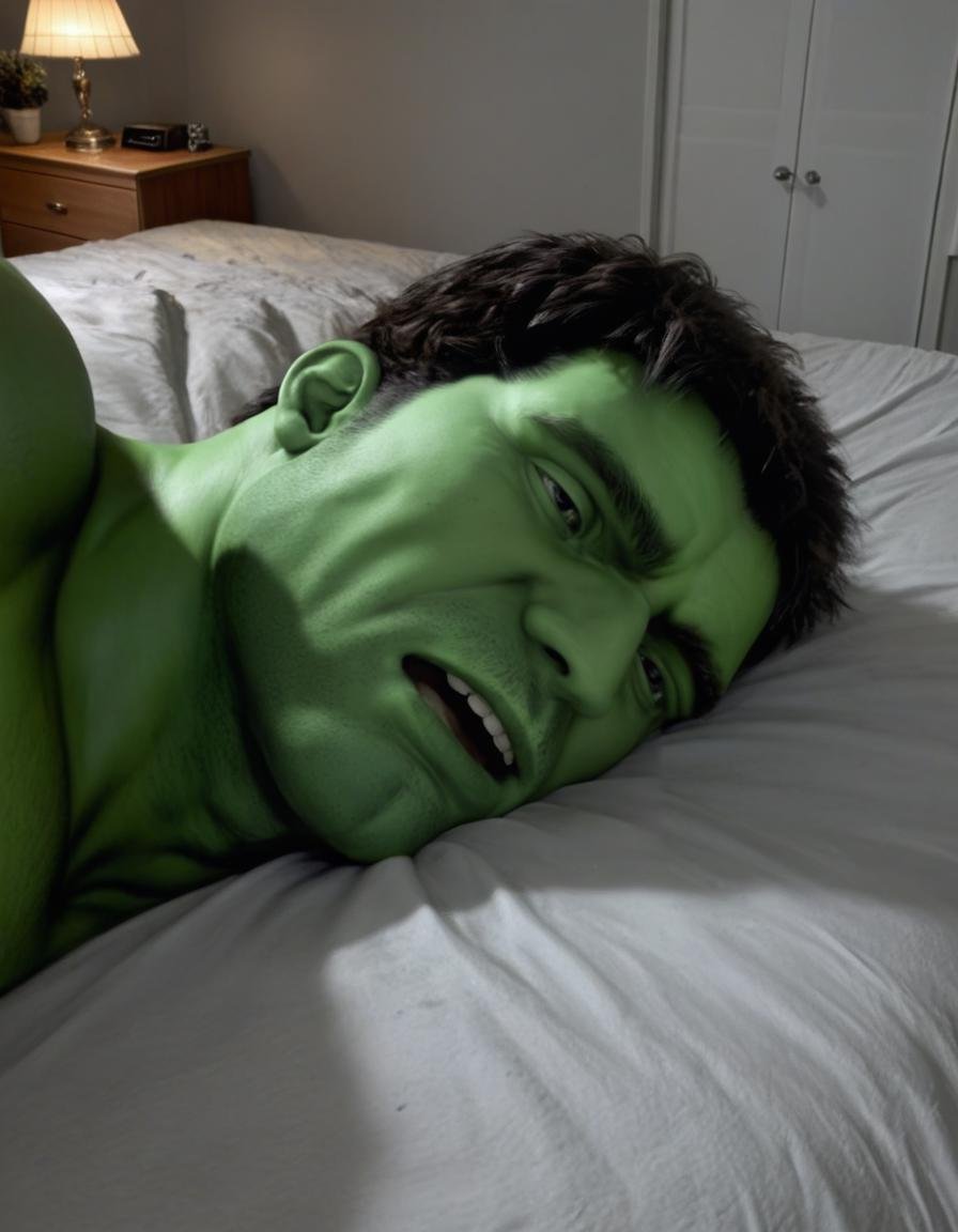 hulk lying in bed,  male,  photorealistic by BigHeadTF on Tensor.Art