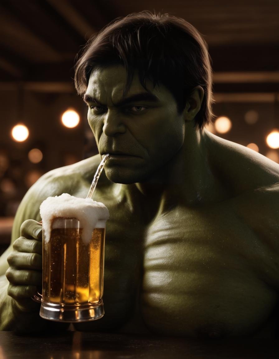 hulk,  man drinking a beer,  extremely detailed by BigHeadTF on Tensor.Art