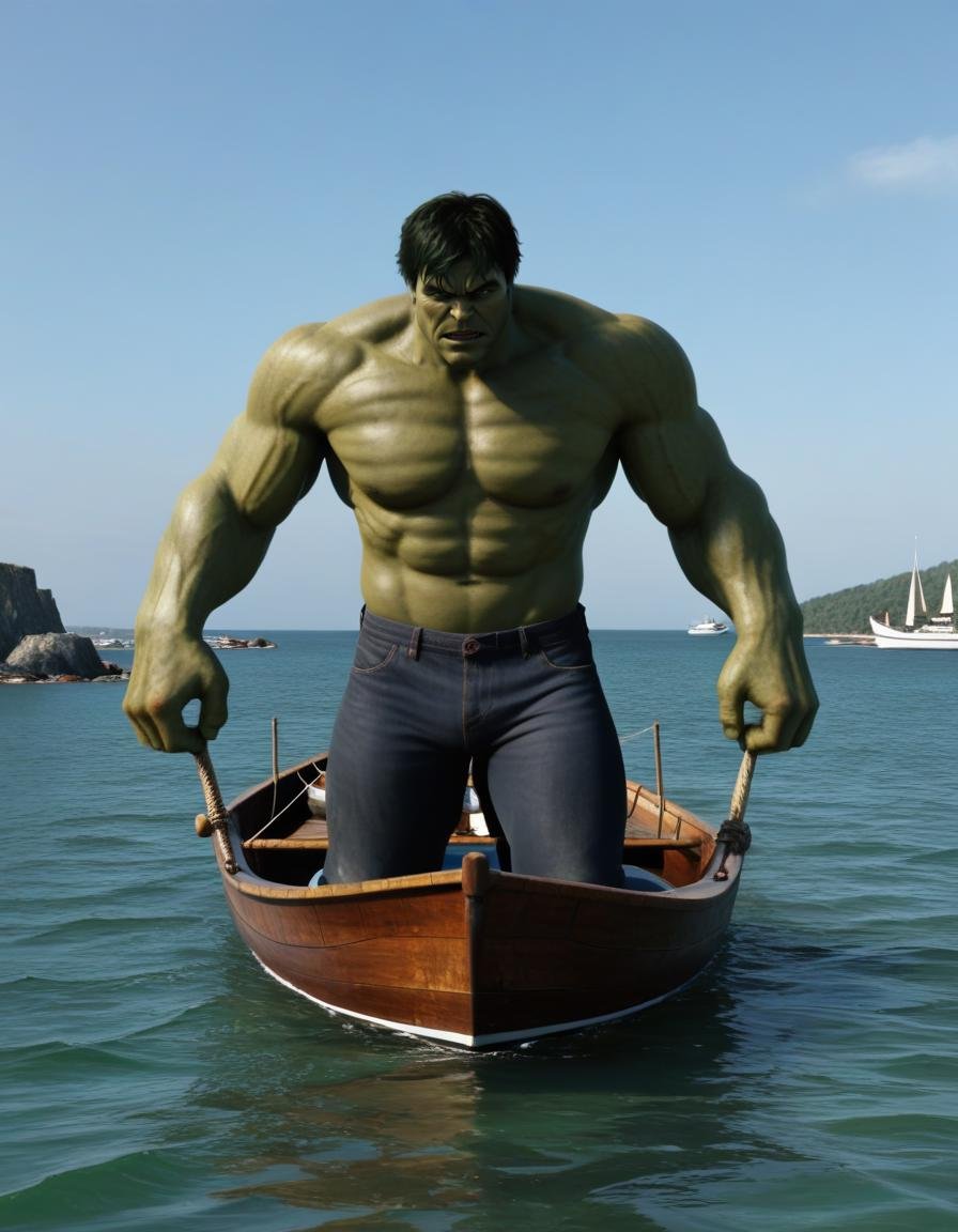 hulk,  man rowing a boat,  extremely detailed by BigHeadTF on Tensor.Art