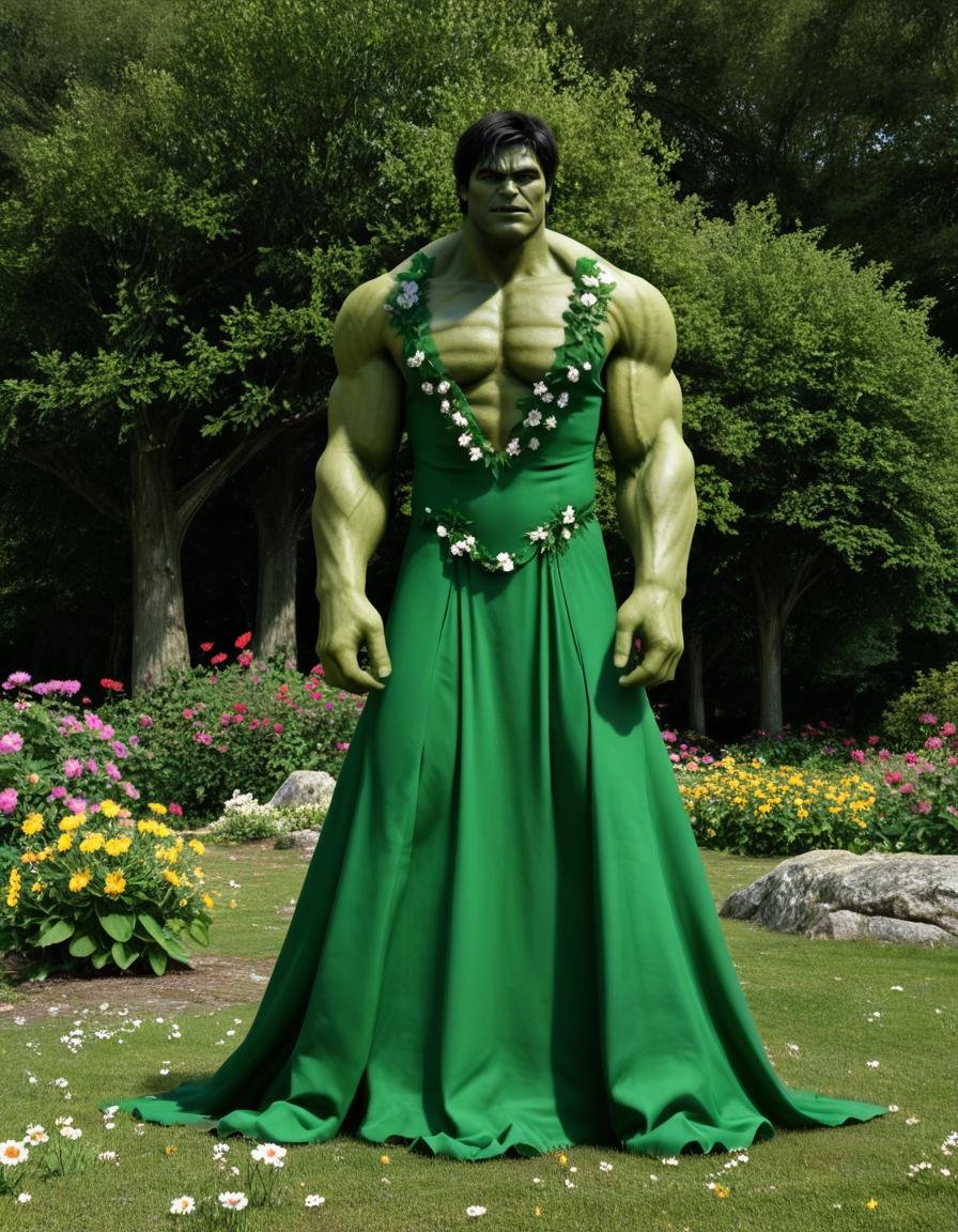 hulk,  man in a nice flower dress,  extremely detailed by BigHeadTF on Tensor.Art