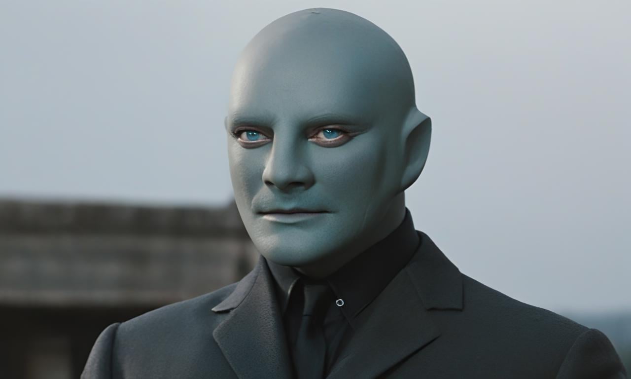 fantomas,  a bald hairless beardless cool manly muscular lean attractive handsome man with blue eyes,  strong jawline by B...