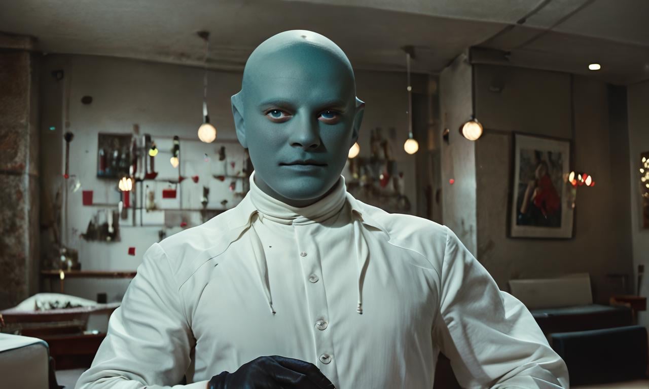 fantomas,  a bald cool muscular lean young attractive handsome man with blue eyes wearing white clothes,  black leather gl...