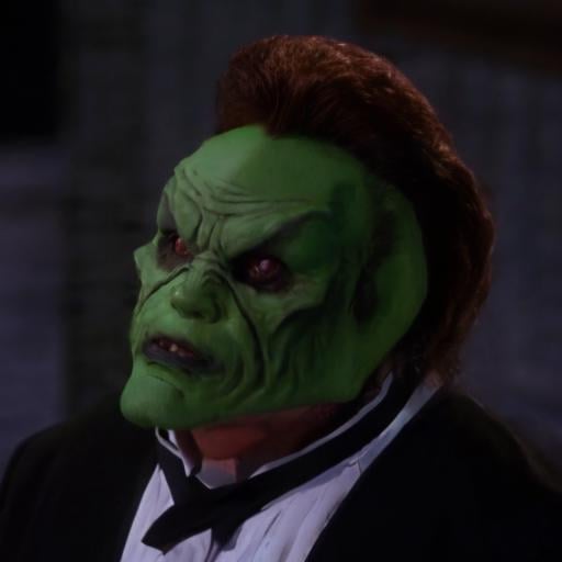 detailed high quality photo of a man with a (((green head))) and brown hair,  the_mask by BigHeadTF on Tensor.Art