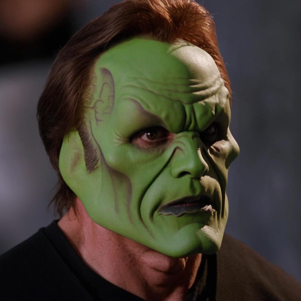 detailed high quality photo of a man with a (((green head))) and brown hair,  the_mask by BigHeadTF on Tensor.Art