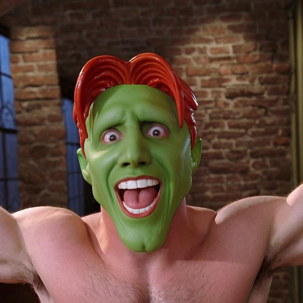 detailed high quality photo of a excited happy amazed man with a (((green head))) and red hair,  the_mask by BigHeadTF on...