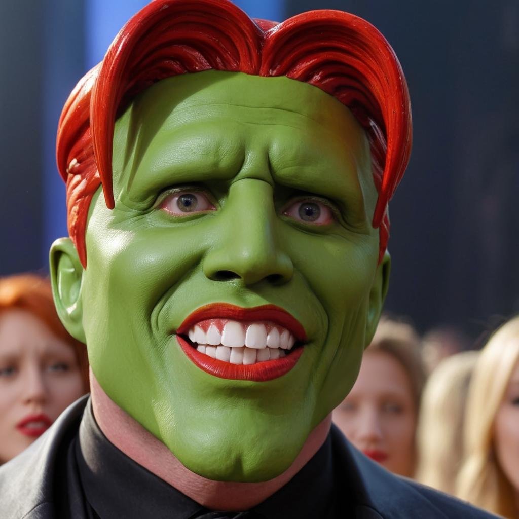 detailed high quality photo of a man with a (((green head))),  red lips,  big teeth by BigHeadTF on Tensor.Art