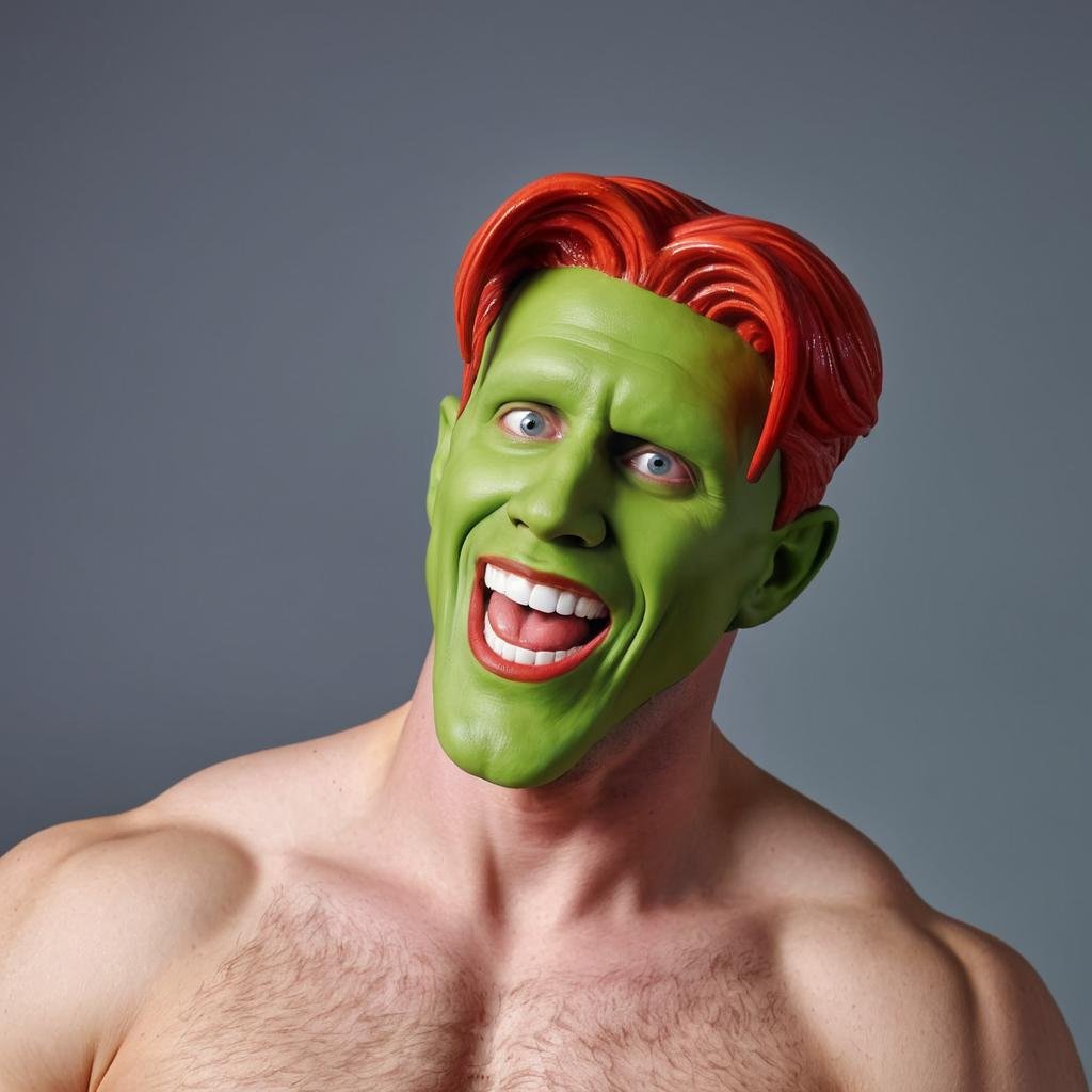 detailed high quality photo of a excited happy amazed man with a (((green head))),  red lips,  big teeth by BigHeadTF on T...