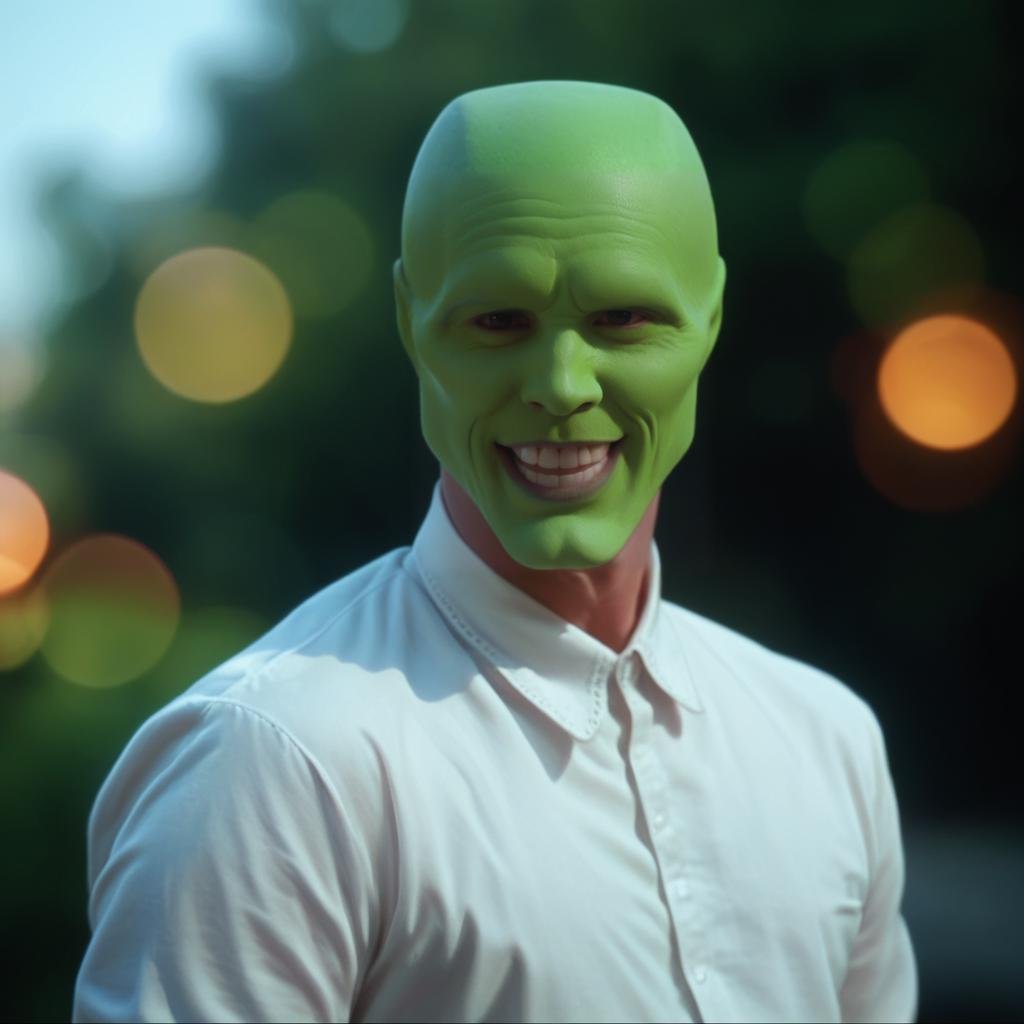 a happy amazed enthusiastic excited humourous bald white attractive handsome man with a (((green head))),  the_mask,  scor...