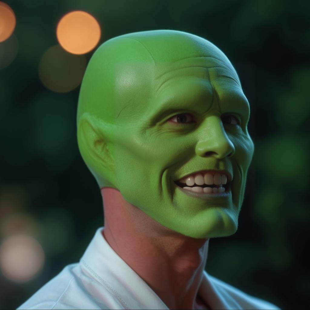 a happy amazed enthusiastic excited humourous bald white attractive handsome man with a (((green head))),  the_mask,  scor...