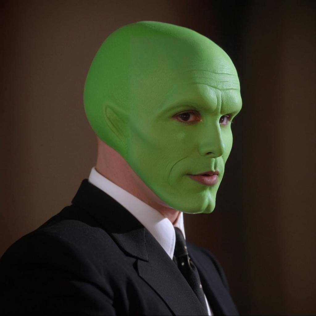 detailed high quality photo of a funny handsome man with a (((green head))),  the_mask,  ZIP2D ziprealism by BigHeadTF on...