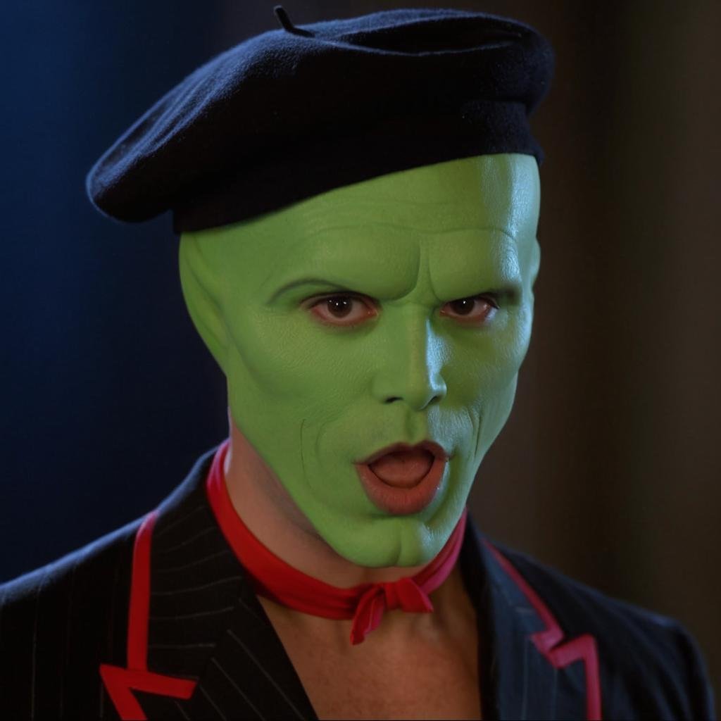 detailed high quality photo of a funny handsome man with a (((green head))),  the_mask,  ZIP2D ziprealism by BigHeadTF on...