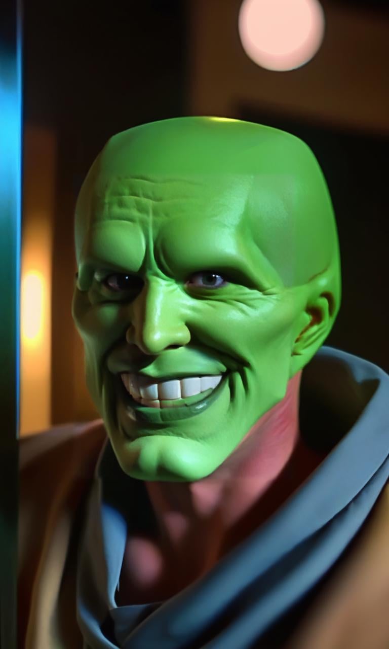the_mask,  solo photo of a charismatic,  handsome green-skinned young man with an expressive smile by BigHeadTF on Tensor.Art