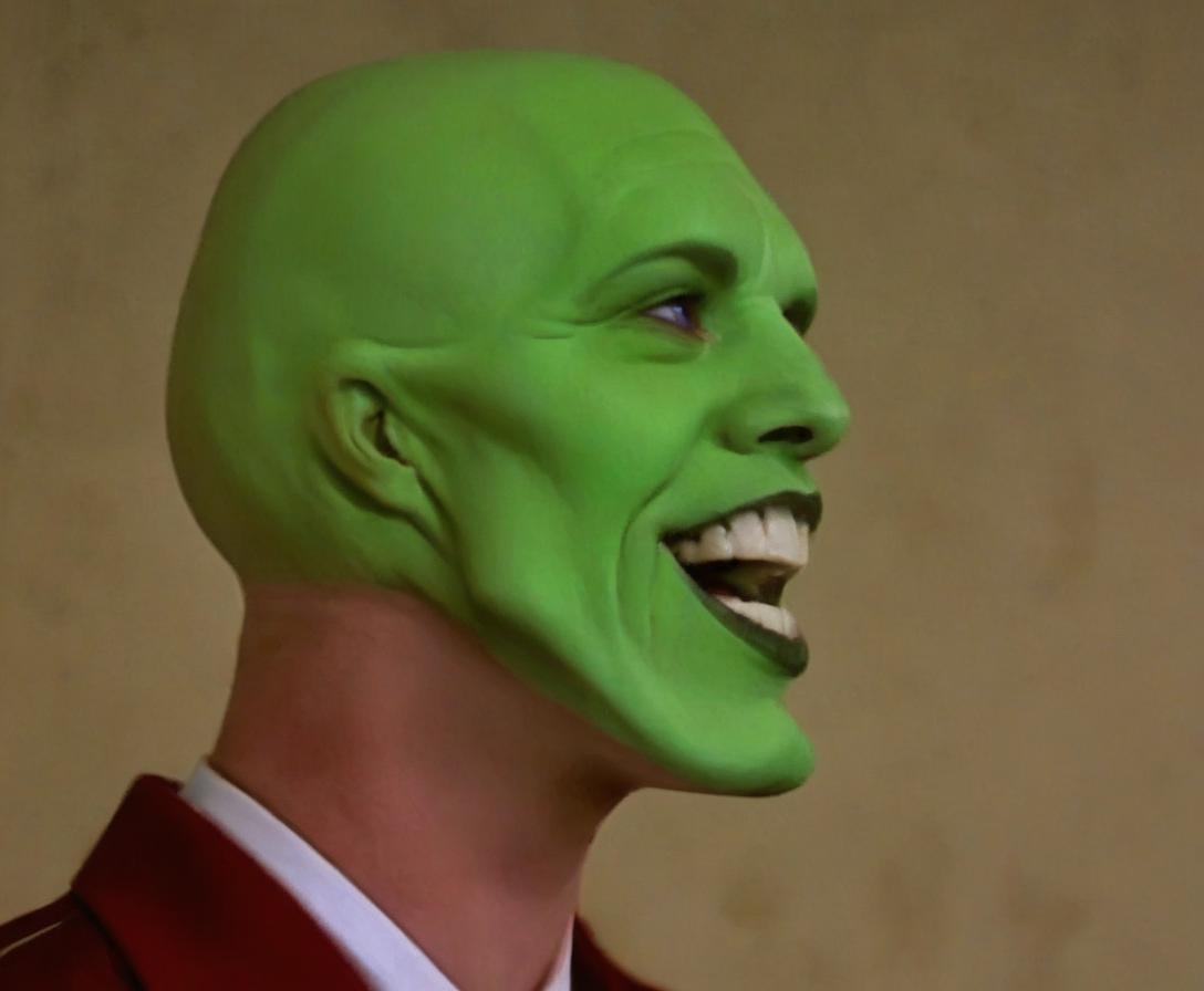 the_mask,  solo photo of a charismatic,  handsome green-skinned young man with an expressive smile by BigHeadTF on Tensor.Art
