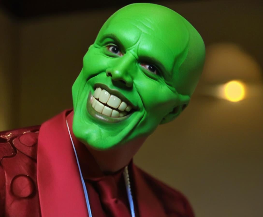 the_mask,  solo photo of a charismatic,  handsome green-skinned young man with an expressive smile by BigHeadTF on Tensor.Art