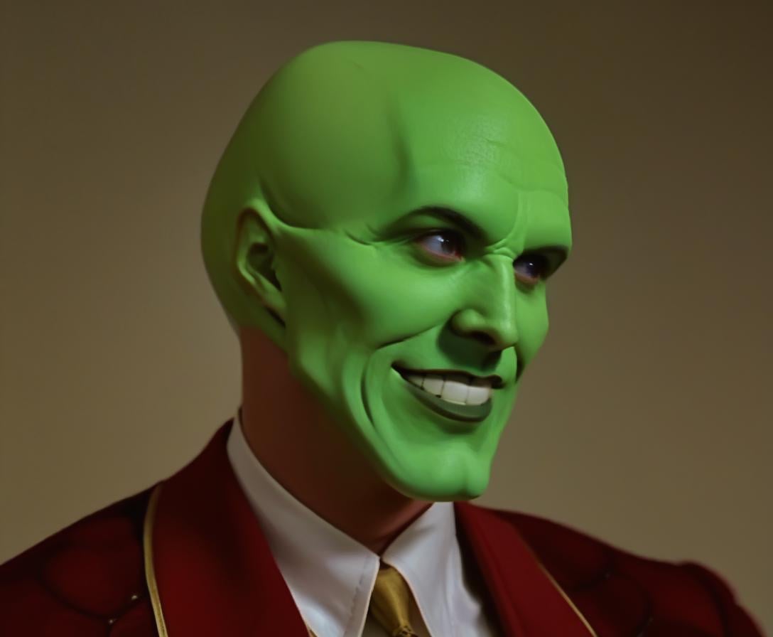 the_mask,  solo photo of a charismatic,  handsome green-skinned young man with an expressive smile by BigHeadTF on Tensor.Art
