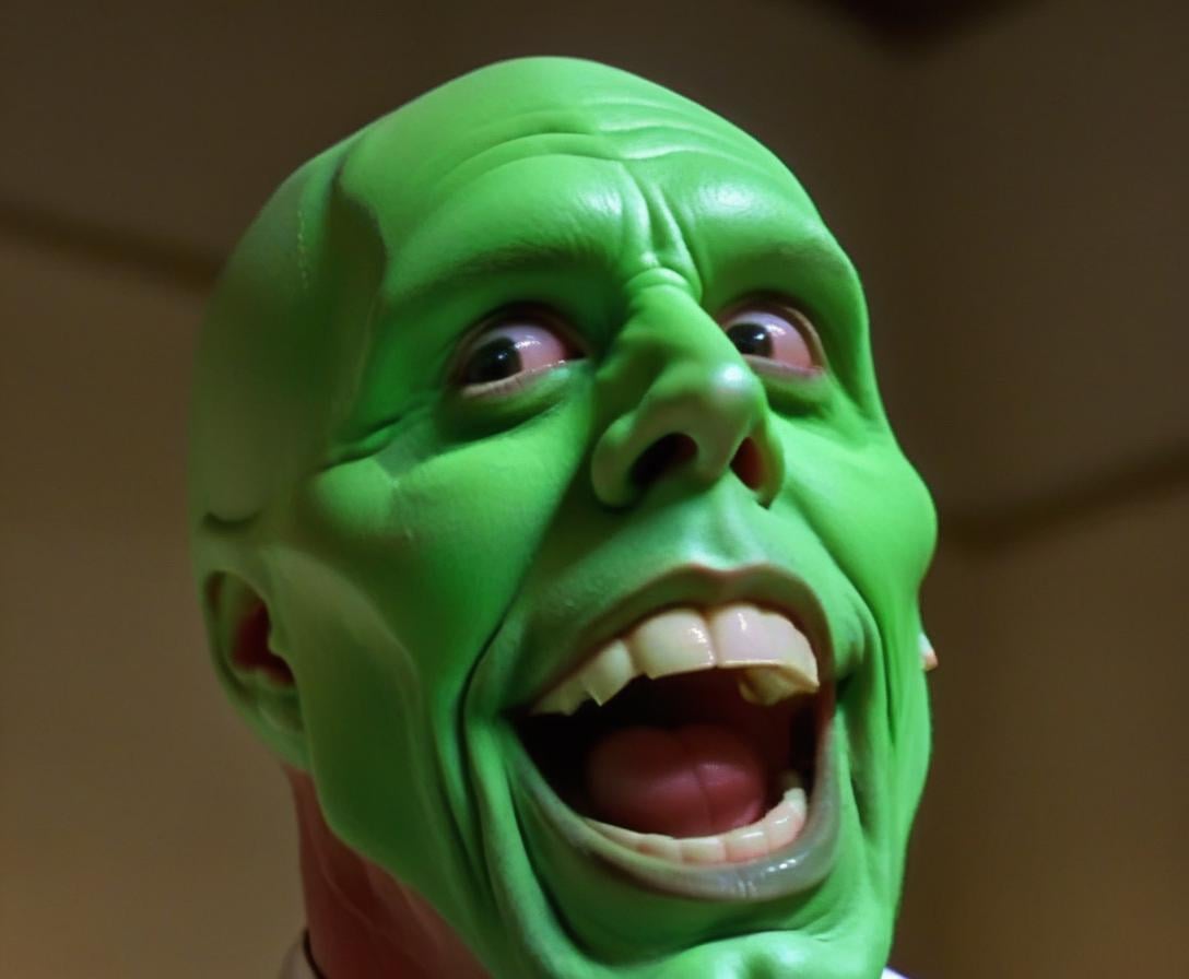 the_mask,  solo photo of a charismatic,  handsome green-skinned young man with an expressive smile by BigHeadTF on Tensor.Art