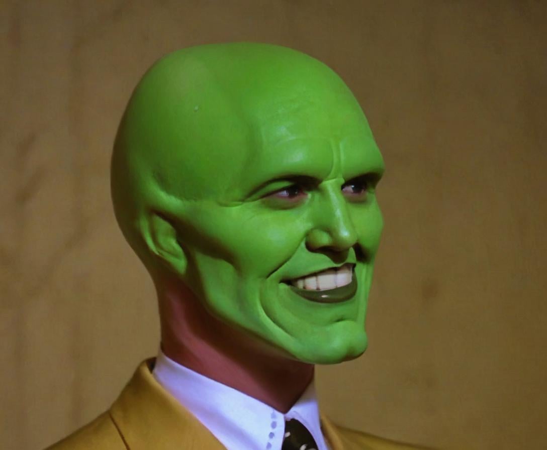 the_mask,  solo photo of a charismatic,  handsome green-skinned young man with an expressive smile by BigHeadTF on Tensor.Art