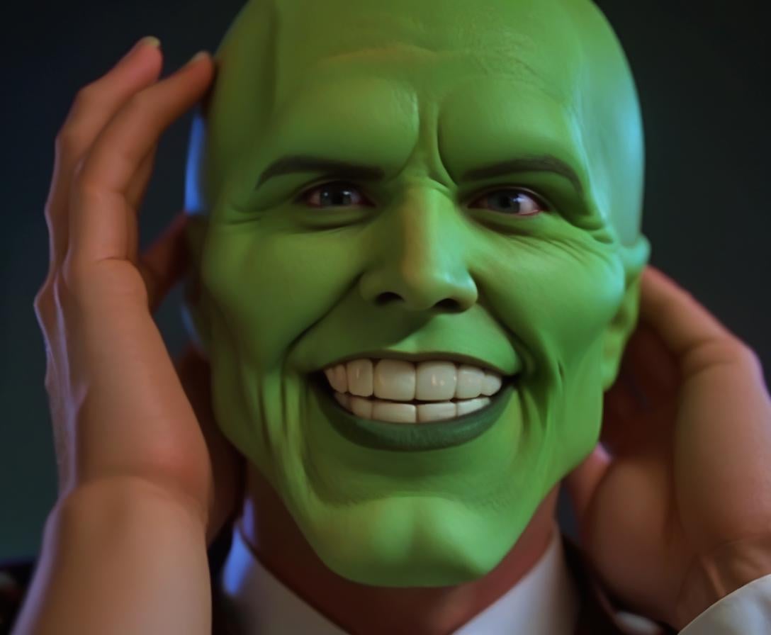 the_mask,  solo photo of a charismatic,  handsome green-skinned young man with an expressive smile by BigHeadTF on Tensor.Art