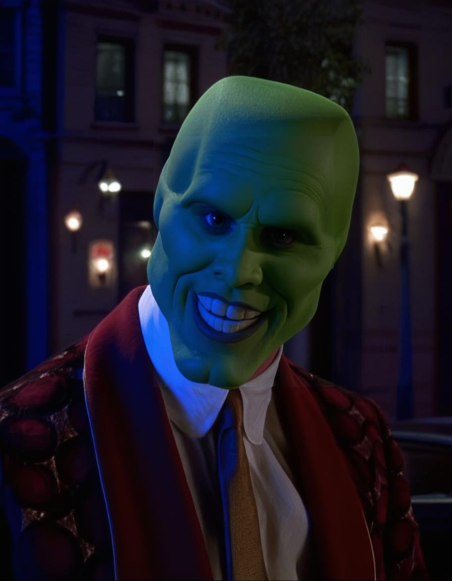 the_mask,  solo,  a handsome bald wild smiling crazy energetic man wearing a green mask at night by BigHeadTF on Tensor.Art