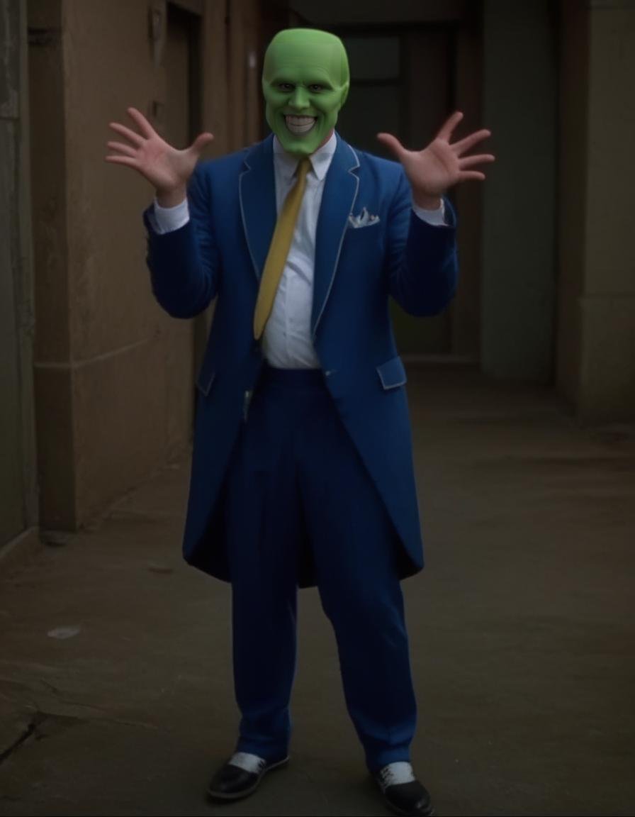 the_mask,  a handsome bald wild smiling crazy energetic man wearing a green mask,  full body view by BigHeadTF on Tensor.Art