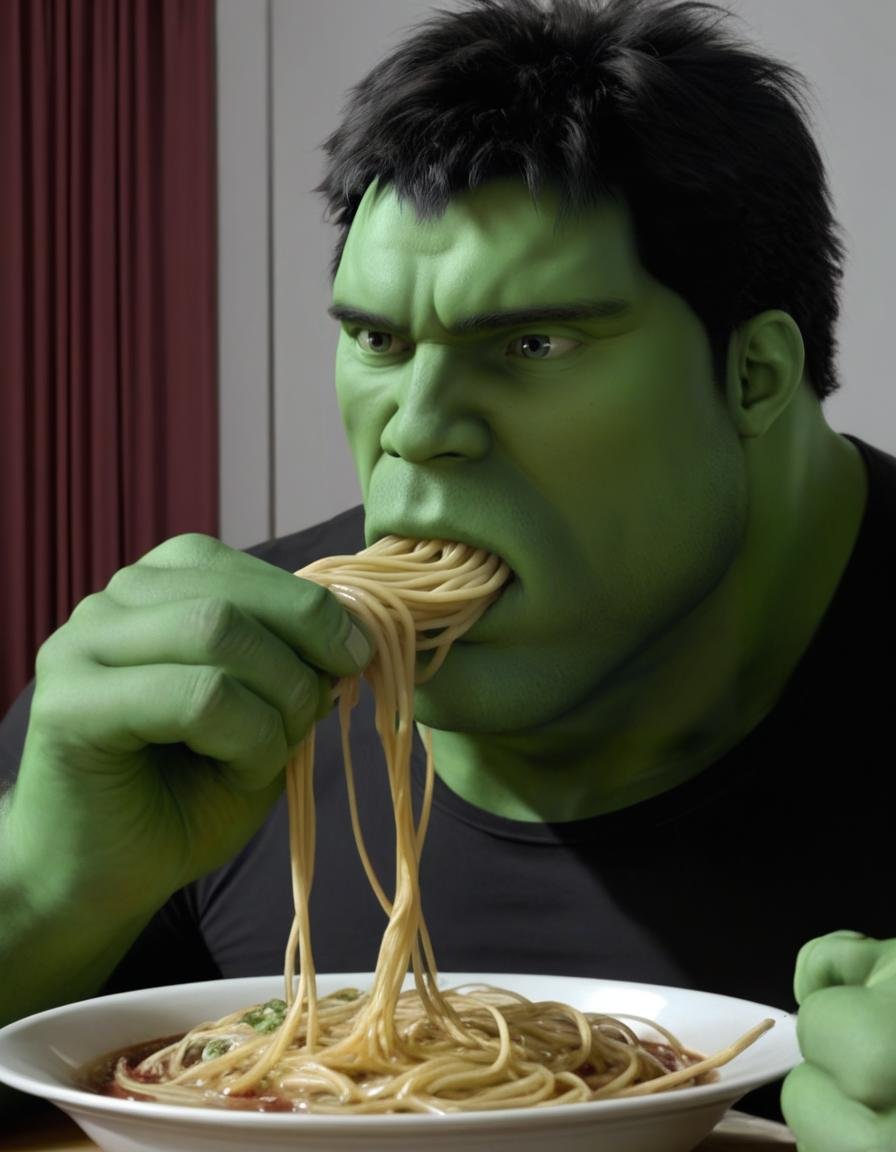 hulk eating pasta,  male,  photorealistic by BigHeadTF on Tensor.Art