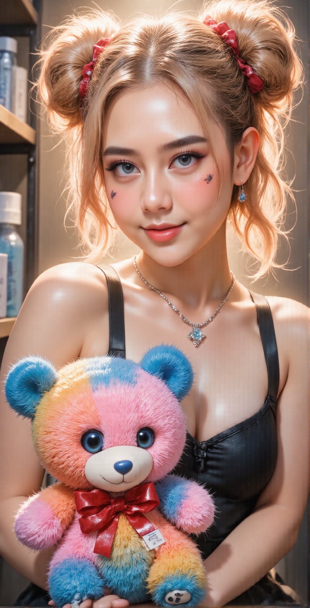 5_score_up "A solo anime girl with blonde and pink twintails,  wearing a sleeveless top that shows her bare shoulders,  ad...