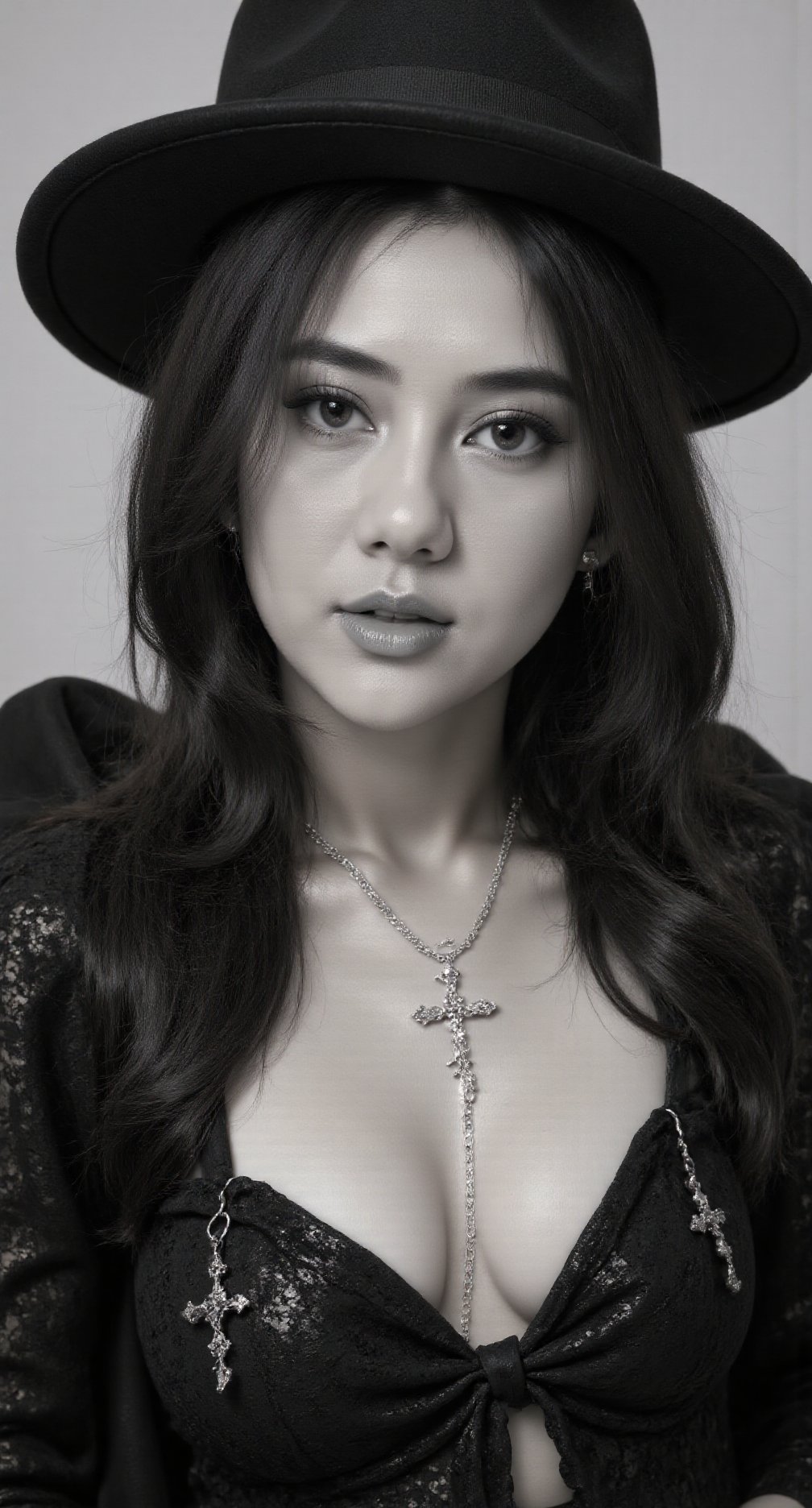 A solo portrait of a woman in monochrome greyscale,  featuring long hair,  a hat by 707_Isekai on Tensor.Art
