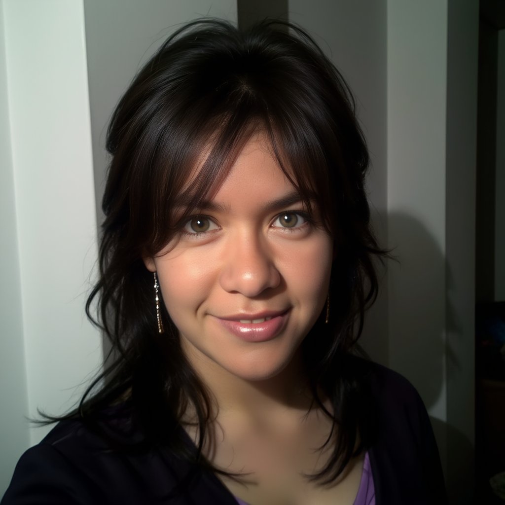 A close-up of a mimarcip young woman,  standing. She has dark brown hair styled in loose waves,  with soft bangs framing h...