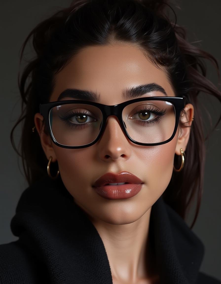 A striking portrait of a fierce woman with piercing eyes and bold,  direct eye contact. She wears natural-looking brick-re...