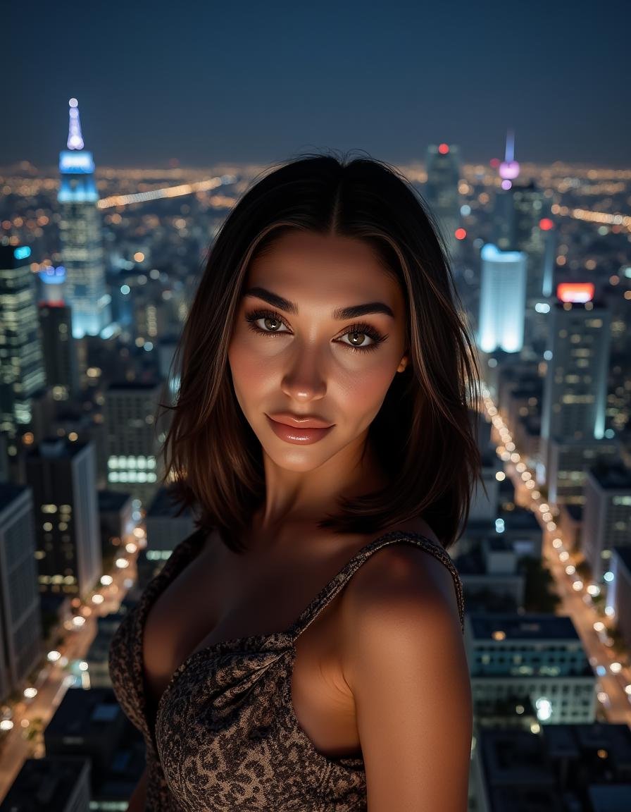 A beautiful woman stands in front of a stunning cityscape at night,  with every building and streetlight meticulously rend...