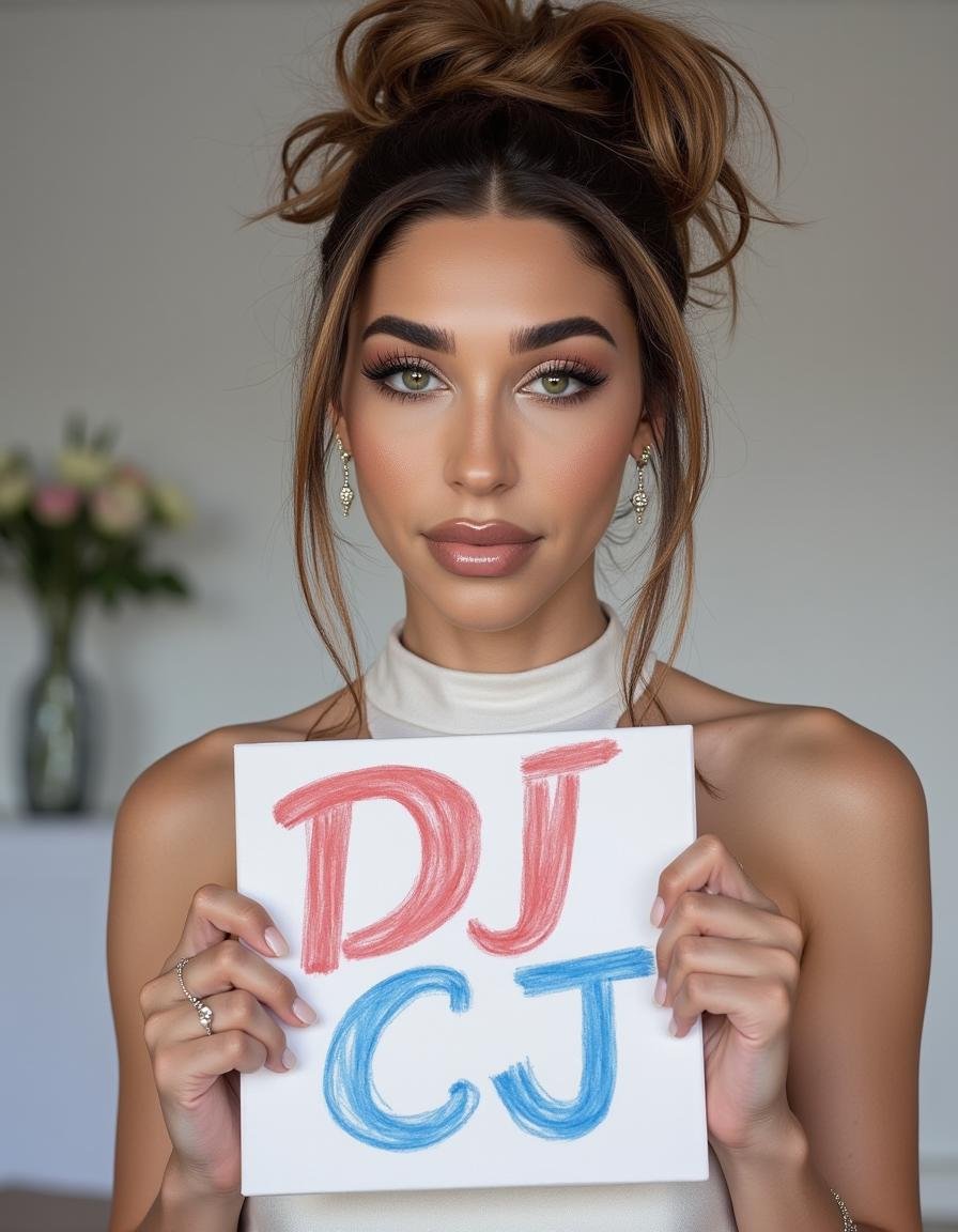 High quality photo of a beautiful woman in a high neck wedding dress,  the bride is holding a sign with "DJ CJ" in red and...