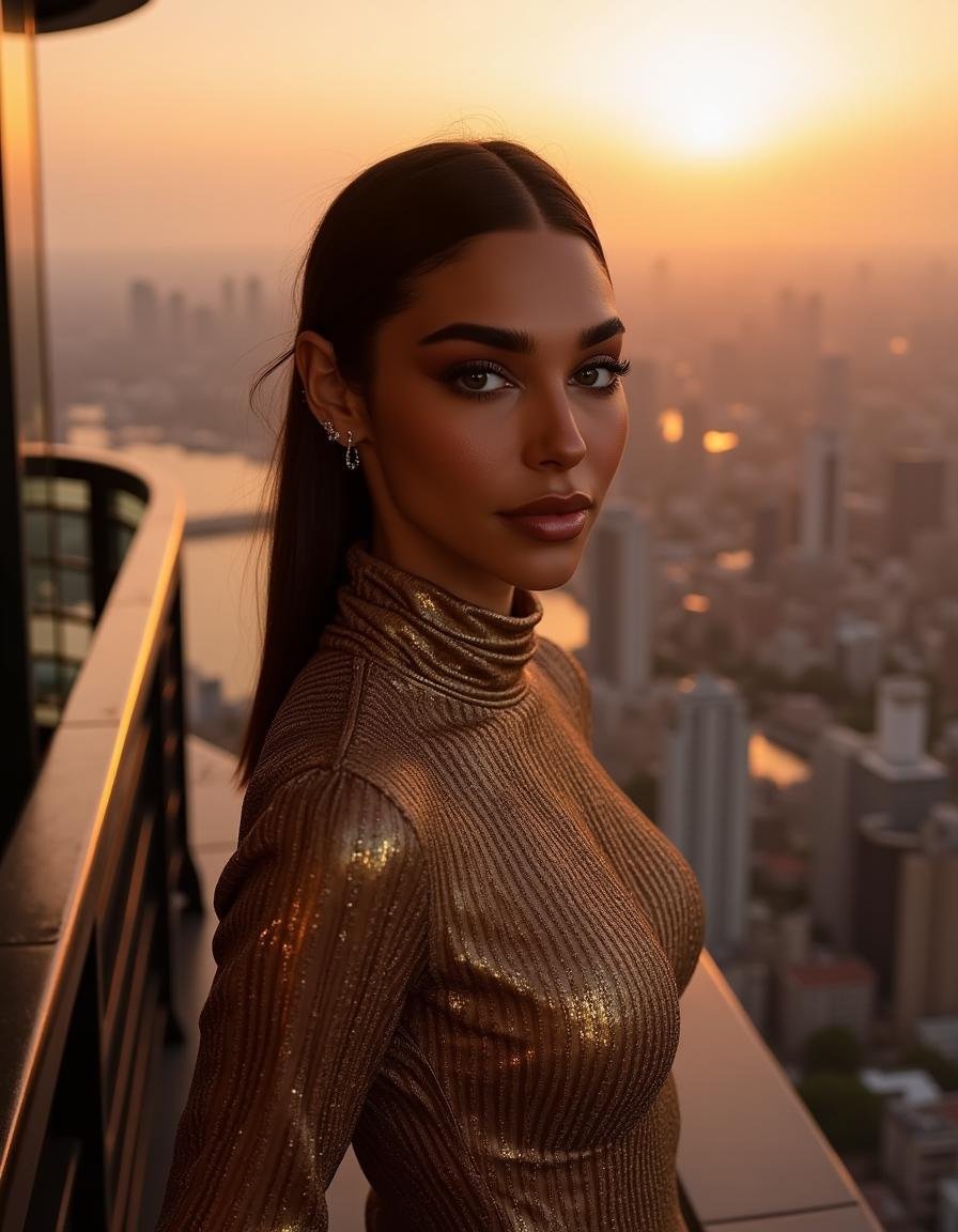 Subject: A woman standing on a luxurious,  penthouse balcony overlooking a breathtaking cityscape at sunset.Lighting: Warm...