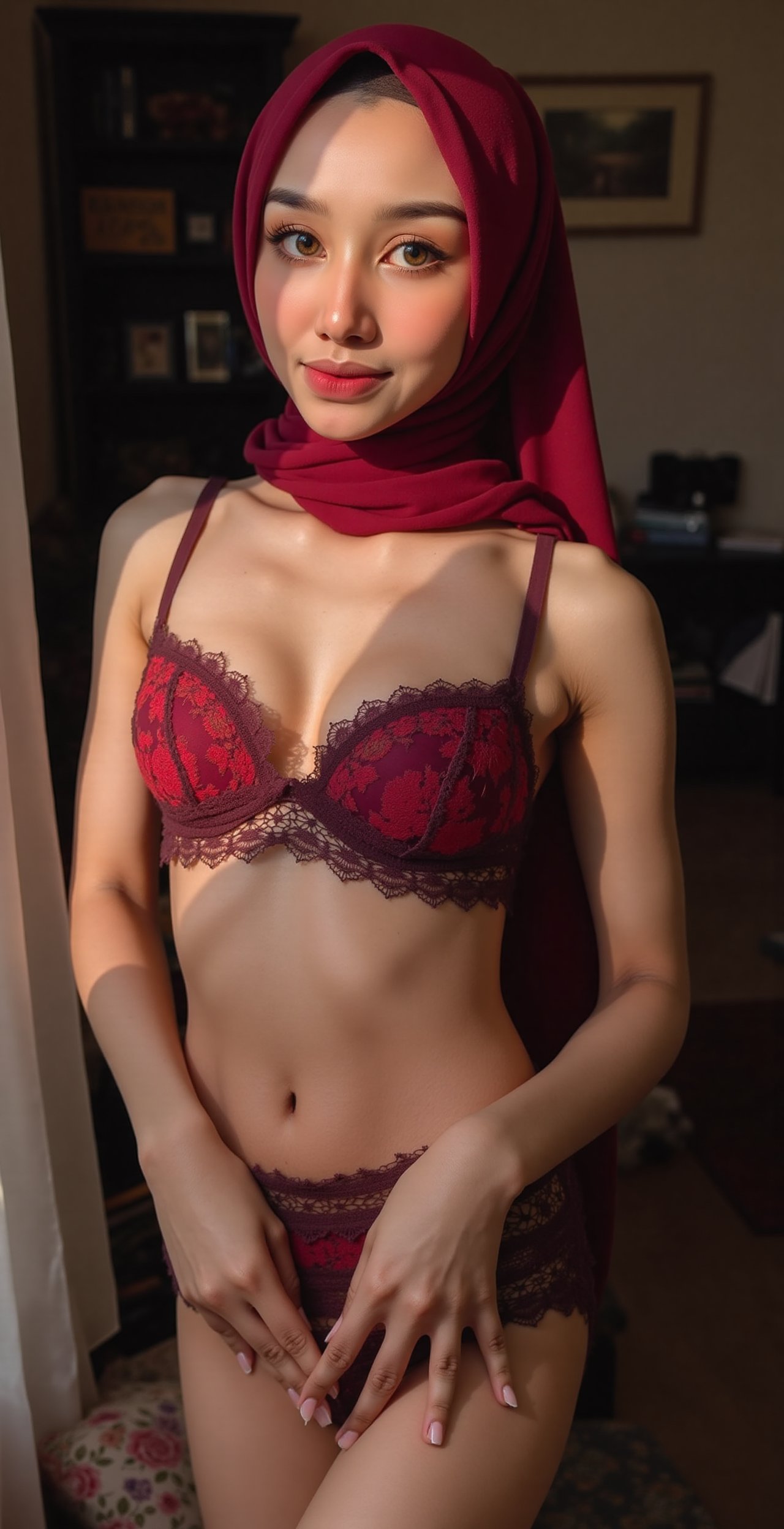 A stunning supermodel pose: a woman stands confidently in a cozy living room setting,  her bright brown eyes gleaming with...